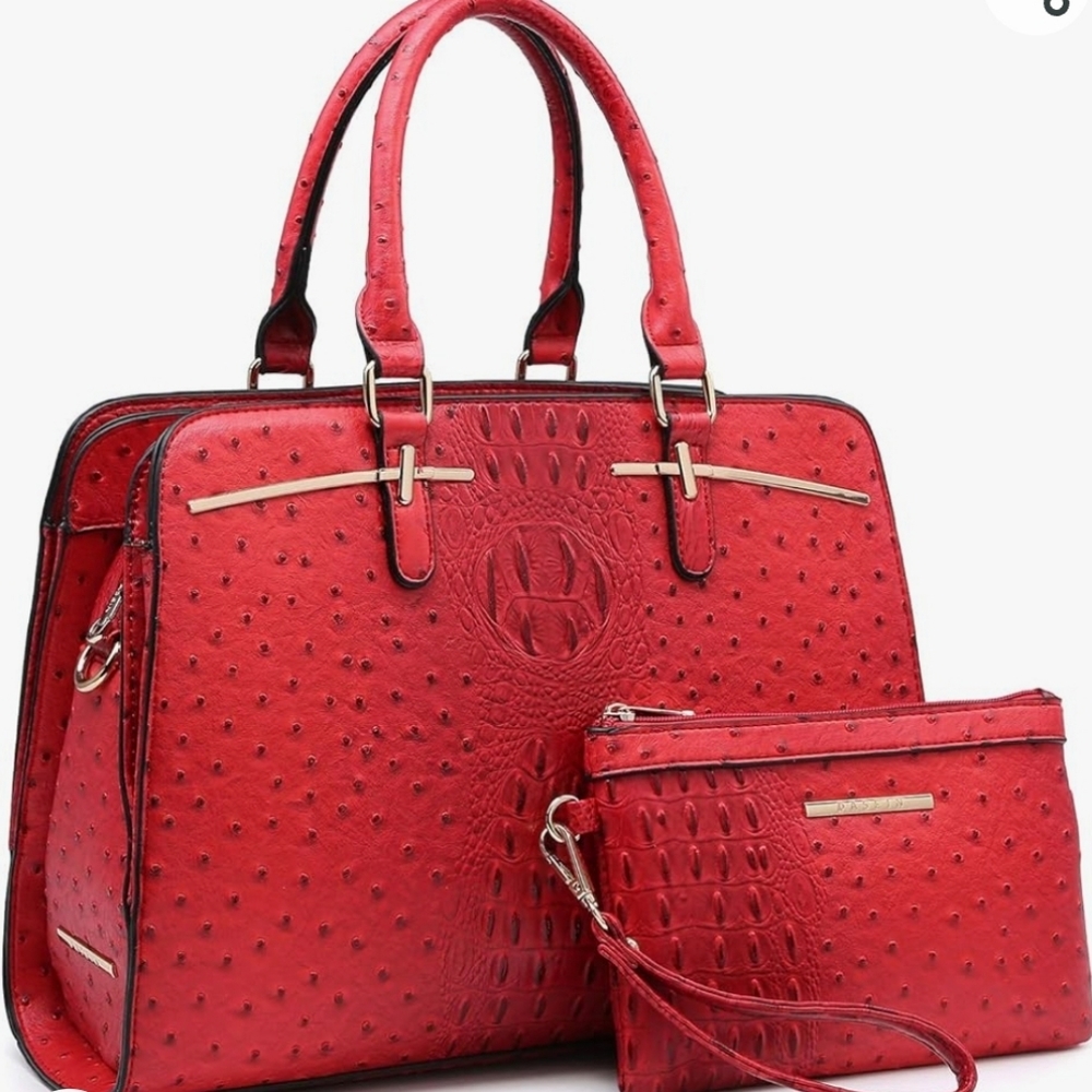 Red tote bag in faux ostrich with matching clutch & dust bag